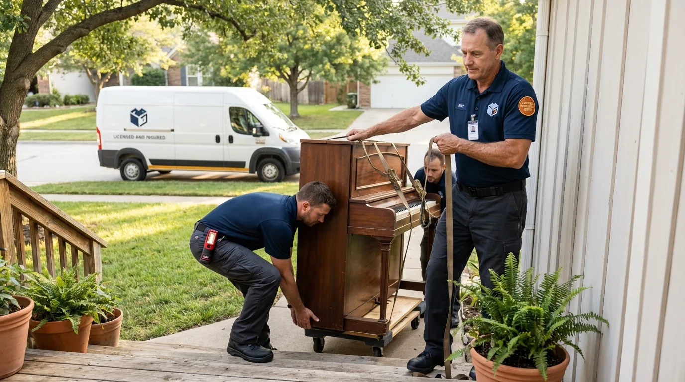 Licensed piano movers securing grand piano in Sussex, VA