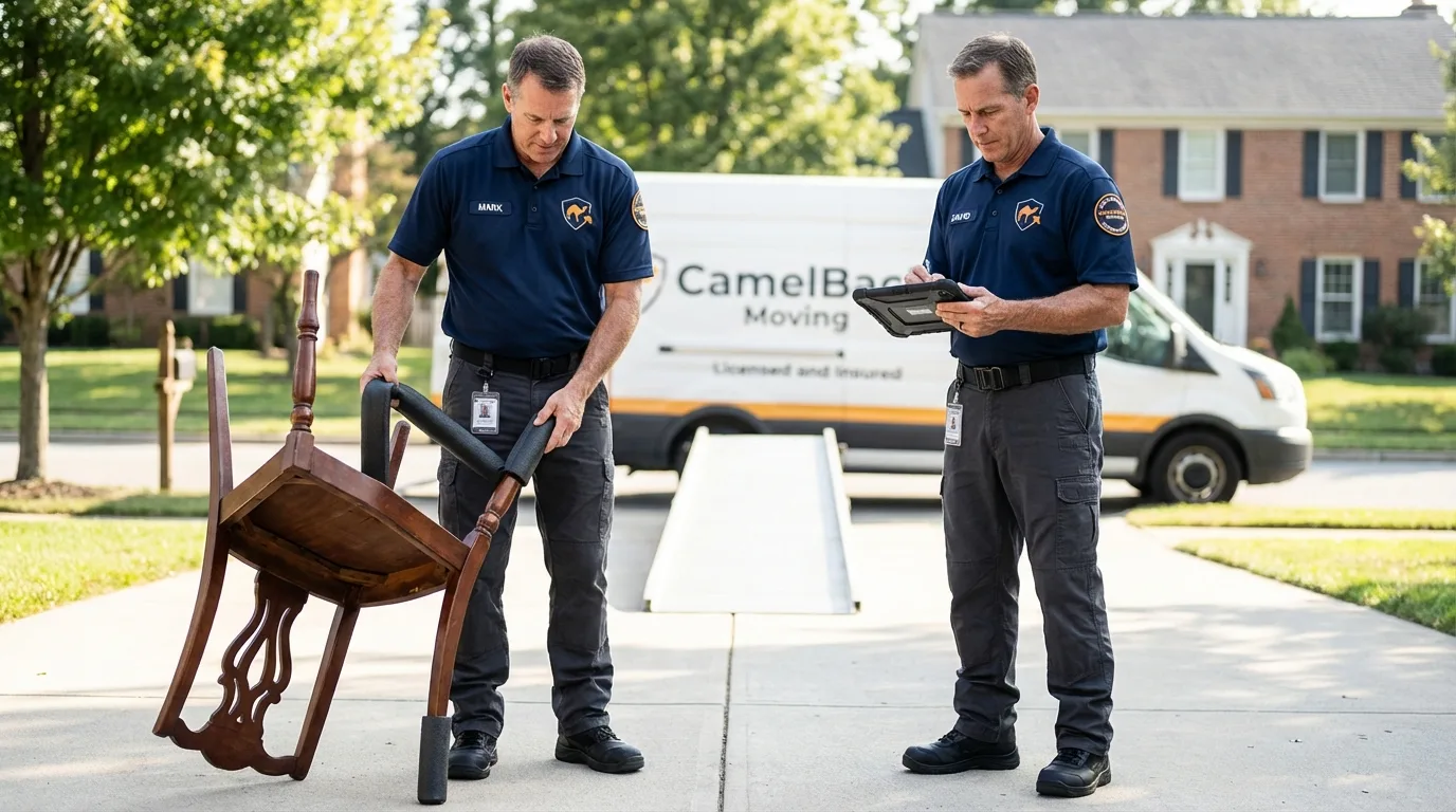 Movers inspecting furniture for damage prevention before loading in Sussex, VA