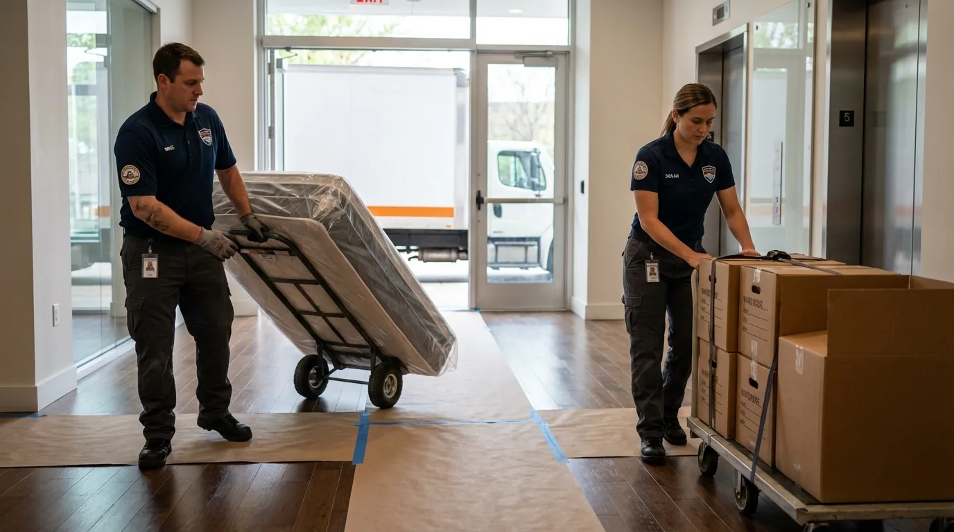 Professional apartment movers loading elevator in Sussex, VA
